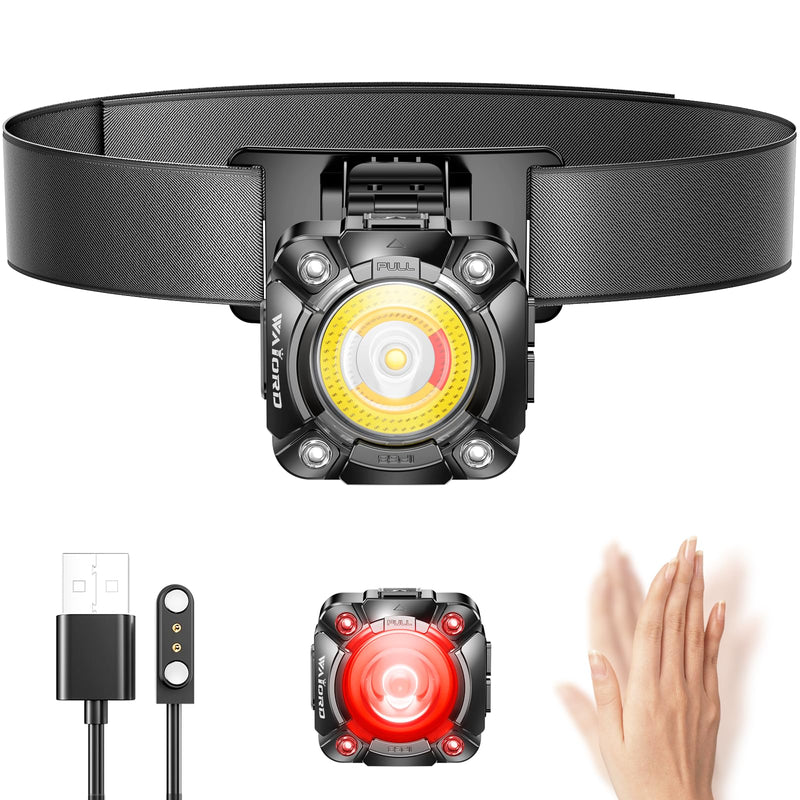 Rechargeable Headlamp with Cob LED Light, 600 Lumens Small Clip Flashlight with Magnetic Base, IP68 Waterprooft Motion Sensor Head Lamp with Red Light for Work & Outdoor.