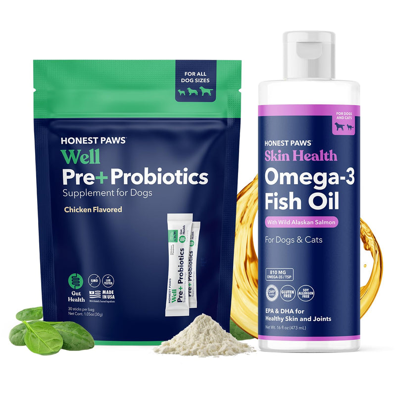 Honest Paws Fish Oil and Probiotics for Dogs and Cats Bundle - Digestive & Immune Support Powder with Prebiotic - Omega-3 Wild Alaskan Salmon Oil - Healthy Skin and Joints