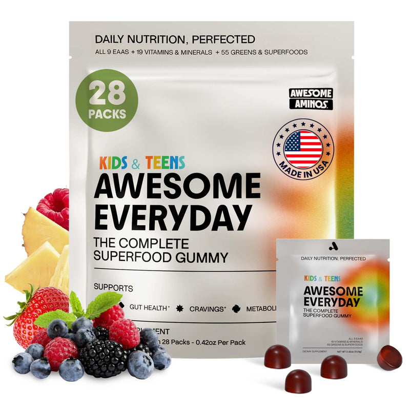 Awesome Everyday - Essential Daily Nutrition Gummies - Kids - 28 Count | Contains 9 Essential Amino Acids, Features 19+ Vitamins and Minerals, Has 55+ Fermented Superfoods and Greens Blend Kids & Teens 28 Count (Pack of 1)