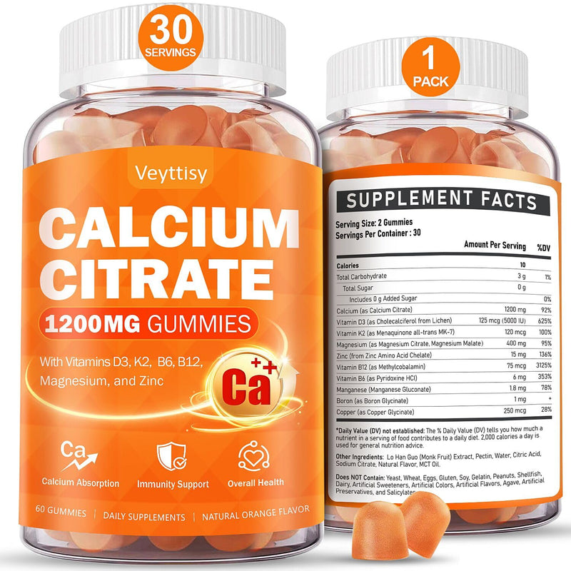 Calcium 1200 mg with Vitamin D3 for Adults: Calcium Supplement Gummies | with 5000iu Vitamin D3, K2, B6, B12, Magnesium & Zinc for Women Men - Easy to Digest, Vegan, Sugar Free, 60 Gummeis Orange 60 Count (Pack of 1)