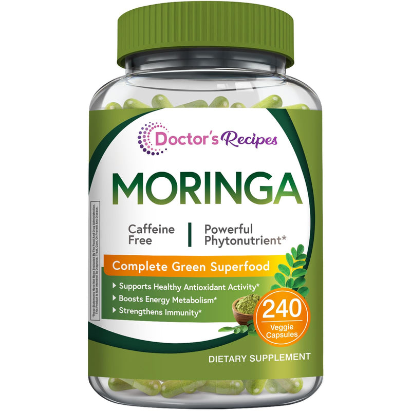 Doctor's Recipes Moringa, Complete Green Superfood, 240 Vegan Caps | Moringa Oleifera, Natural Antioxidant Support, Powerful Phytonutrients, Non-GMO, No Caffeine, No Soy, No Gluten 240 Count (Pack of 1)