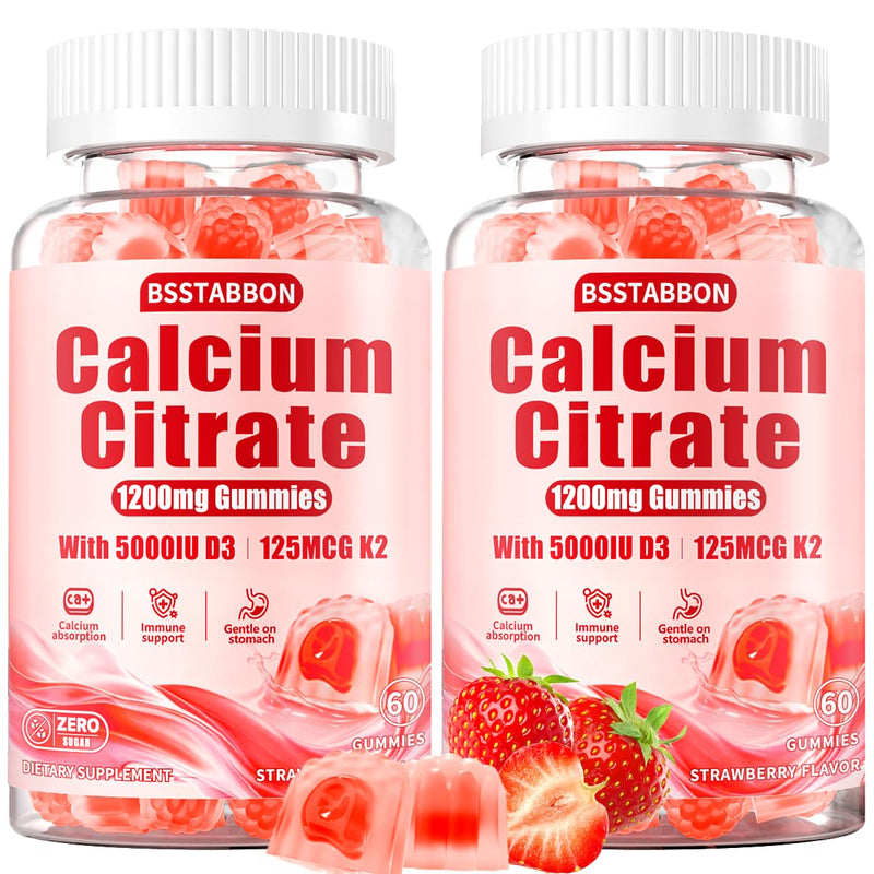Calcium 1200 mg with Vitamin D3 Gummies: Calcium Citrate Gummies | Extra Strength with Vegan Vitamin D3 5000IU K2 125mcg - Organic Chewable Sugar Free - Easy to Digest for Adults (120Count) Strawberry 60 Count (Pack of 2)