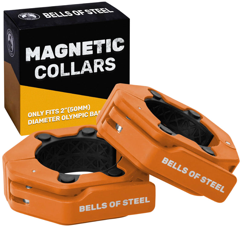 Magnetic Barbell Collars [Bells of Steel] Version 2.0 Premium Weight Bar Clamps, Quick Release Barbell Clips, Olympic Barbell Clamps, High-Strength Nylon Gym Clips, Pair, Orange Orange V.2