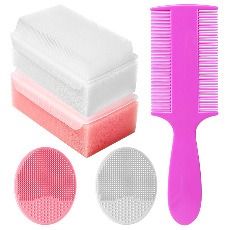 Cradle Cap Brush for Babies, Set of 5 Baby Bath Essentials with Bath Sponge Silicone Scrubber Long Handle Comb for Newborns Toddlers Boys Girls (Pink) Pink Brush+long Comb