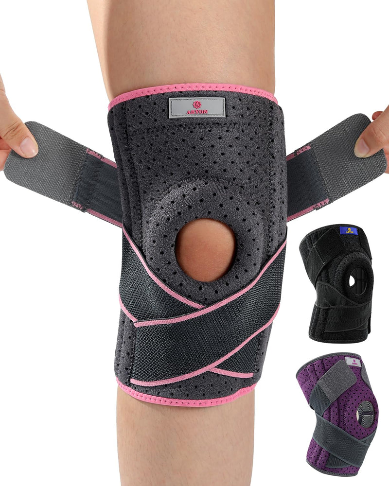 ABYON Knee Brace for Women Plus Size for Meniscus Tear, ACL, Arthritis.Knee Braces with Dual Side Stabilizers & Crossed Compression Straps Maximum Support for Knee Pain Relief and Fast Recovery - Please Check Sizing Video Before Buying Gray-pink