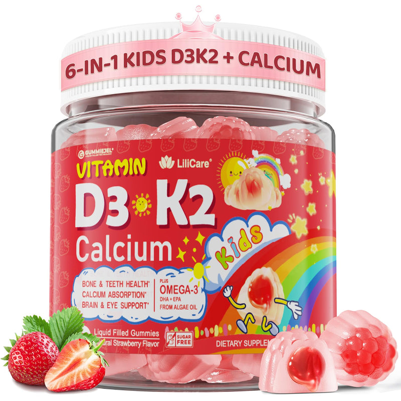 Vitamin D3 K2 + Calcium Liquid-filled Gummies for Kids & Teens, 1000IU / 2000IU D3 with Magnesium, Algal Omega 3, Kids Vitamins for Bones & Teeth, Calcium Absorption, Brain, Immune, Sugar-Free, 60Cts 60 Count (Pack of 1)