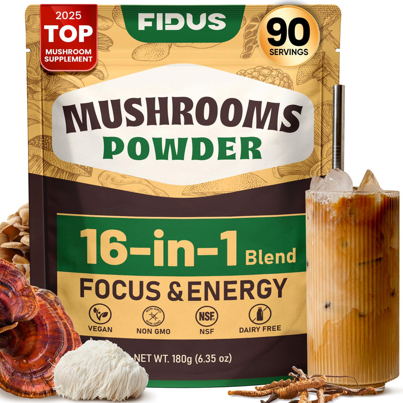 Fidus 16 Mushroom Supplement Powder with 17,300mg, 90 Day Servings Mushroom Coffee Alternative for Immunity, Focus & Energy with Ashwagandha, Lion's Mane, Chaga and Reishi, 100% Fruiting Bodies 6.7 Ounce (Pack of 1)