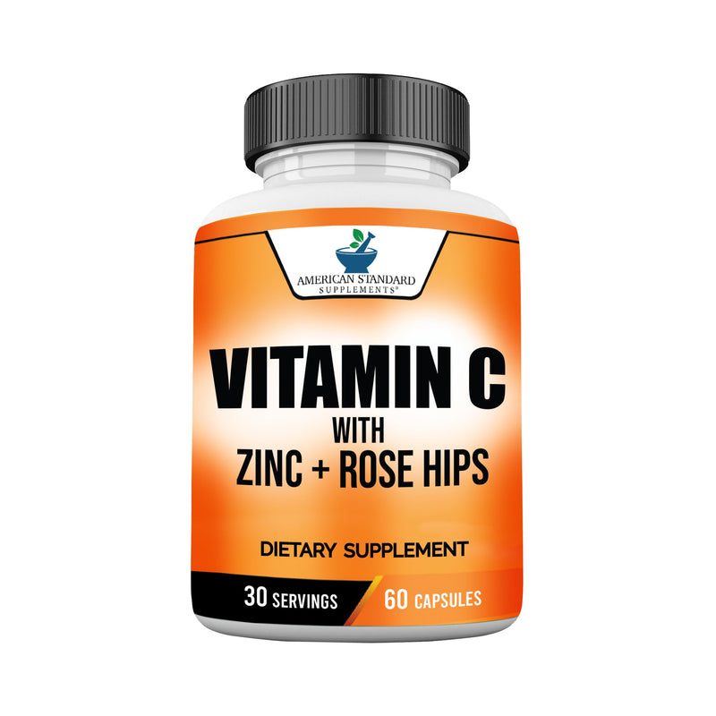 American Standard Supplements Vitamin C 2000mg, Zinc 40mg, and Rose HIPS 50mg Per Serving – Vegan, Gluten Free, Non-GMO (60 Count) 60 Count