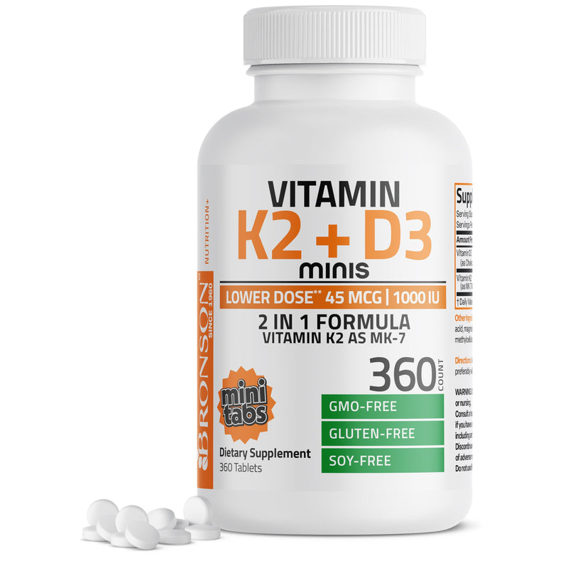 Bronson Vitamin K2 MK-7 45 mcg + D3 1000 IU (25 mcg), 360 Mini Tablets | Lower-Dose Daily Maintenance, Easy to Swallow, Bone Health Support, Non-GMO, Gluten-Free & Soy-Free 360 Count (Pack of 1)