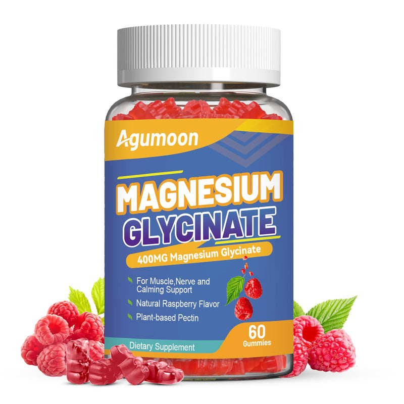 Magnesium Glycinate Gummies 400mg with L-Threonate 200mg, 60 Count | Calcium, Potassium, Vitamins D & B6, CoQ10 - High Absorption for Stress Relief & Muscle Relaxation,Non-GMO, Raspberry Flavor 60 Count (Pack of 1)