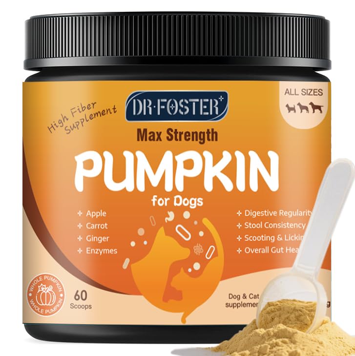 DRFOSTER Pumpkin Powder for Dogs - Fiber Supplements for Dogs & Cats with Organic Pumpkin, Apple, Carrots and Digestive Enzymes - Healthy Stool and Digestion, Diarrhea & Constipation Relief, 10.58 oz 60 Scoops