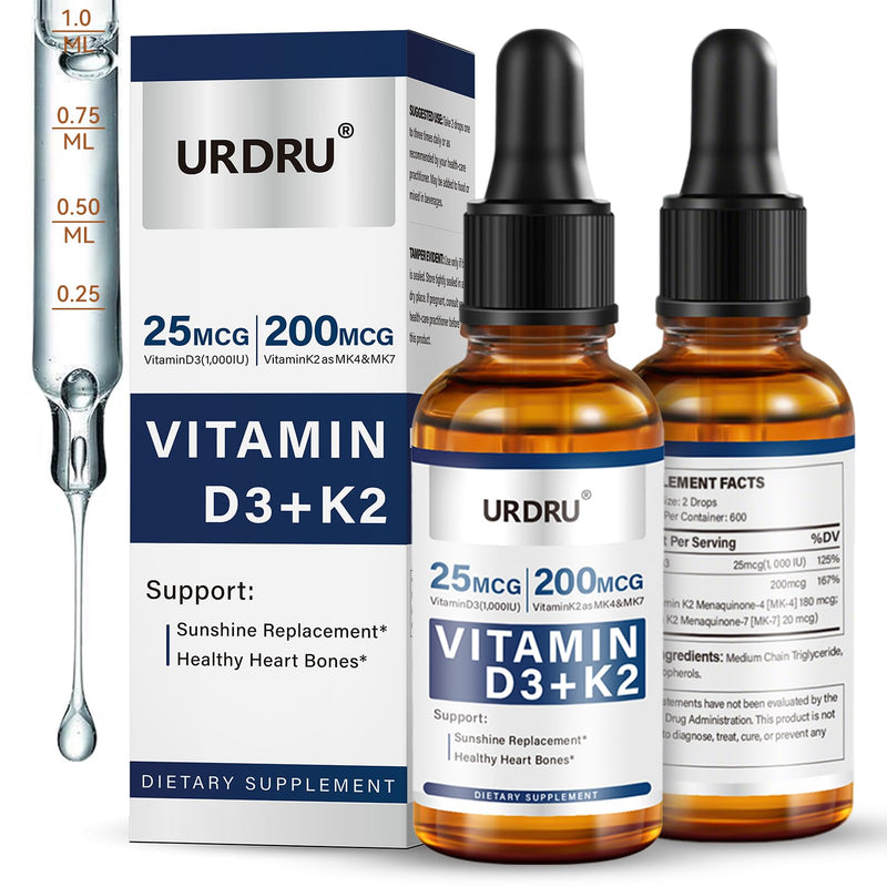 (2 Pack) Vitamin D3 K2 Liquid Drops - 2 Fl Oz Max Absorption 1,000 IU D3 & 200mcg K2 Drops for Immune & Mood, Bone & Teeth Health - 60ml