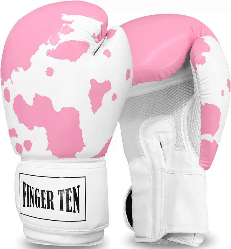 FINGER TEN Boxing Gloves Women Punching Sparring Kickboxing MMA Training Heavy Bag Glove Black Leather 12 oz for Womens (Ivory/Pink, 12 oz)