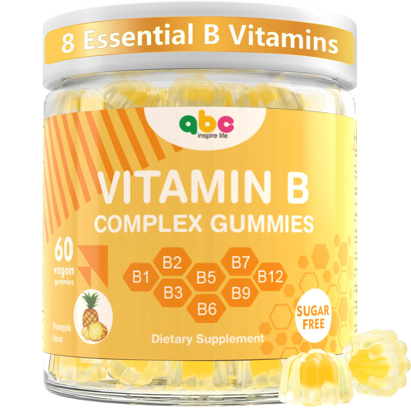 Vitamin B Complex Gummies for Adult Kid-Pineapple Flavor-Chewable Supplement with 8 Essential B Vitamins (B1, B2, B3, B5, B6, B7, B9, B12) Non GMO,Vegan 60 Count 60 Count (Pack of 1)