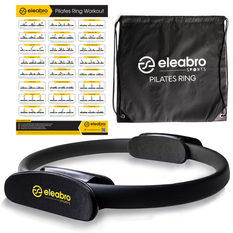 Eleabro Sports 14 inch Pilates Ring Circle - Magic Circle -with A1 Size Workout Poster, Inner Thigh Exercise Ring, Ideal for All Heights-Yoga Ring Fitness Ring with Soft Handles Black 14''