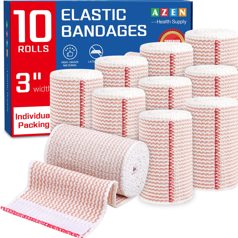 AZEN Premium 10 Pack Elastic Bandage Wrap 3 Inch, Compression Wrap Bandage for Legs, Ankle, Knee, Tummy, Body, Lymphedema Wraps for Legs, Latex-Free B-10p(3in)