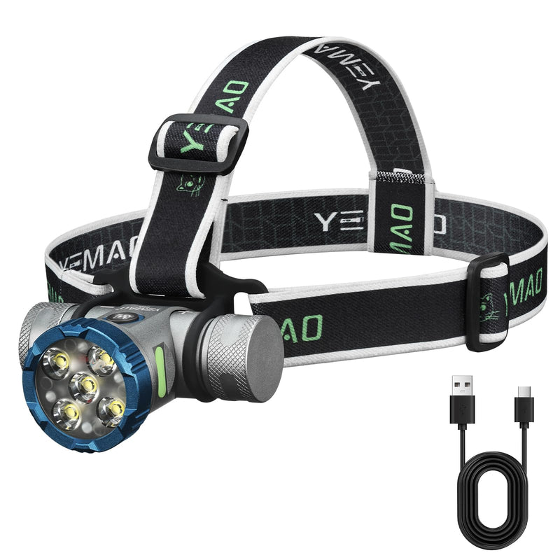 Yemao LED Headlamp, 2500 Lumens, 6 Lighting Modes, USB Rechargeable, Waterproof, Silver