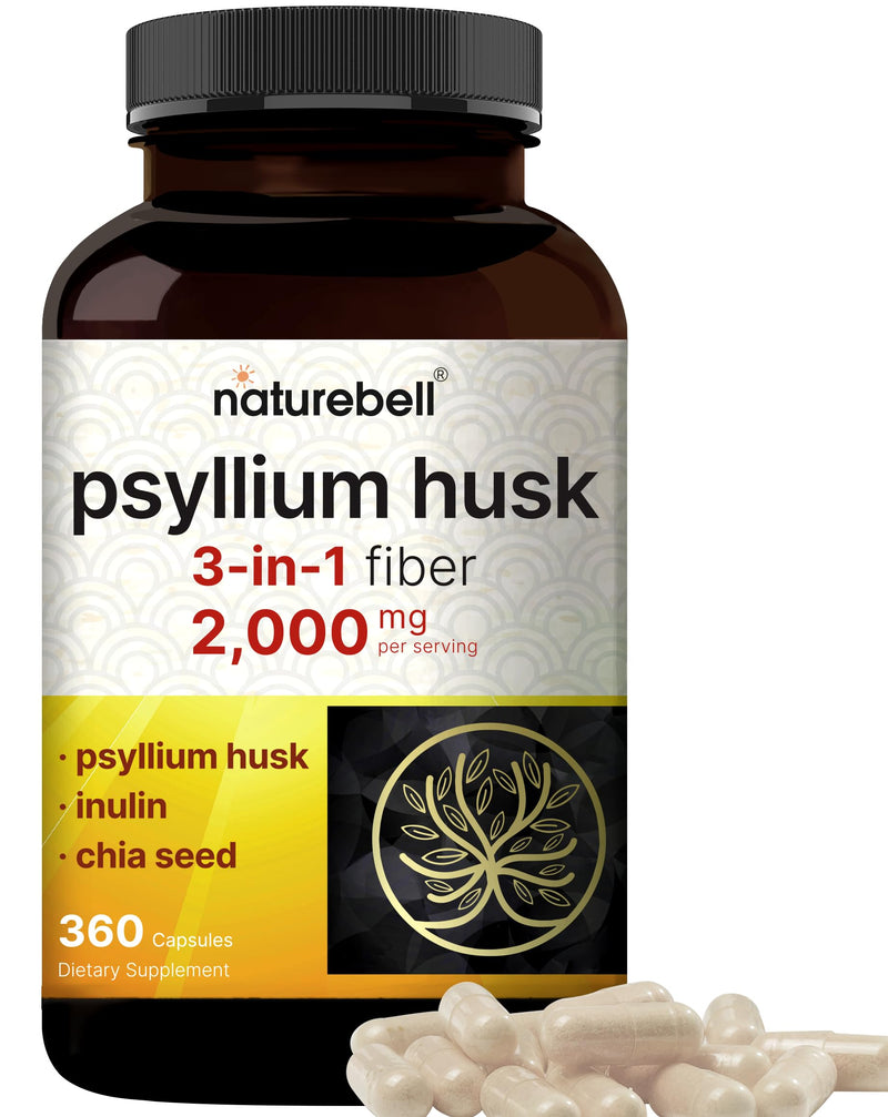 NatureBell Psyllium Husk Capsules 2,000mg Per Serving, 360 Count, with Inulin & Chia Seed ‚Äì Soluble Fiber for Digestion ‚Äì Plant Based Herbal Fiber Supplement, Non-GMO, Gluten Free