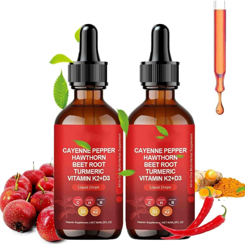 Cayenne Pepper Supplement Liquid Drops + Hawthorn Berry, Vitamin D3 K2 Beet Root Powder, Ceylon Cinnamon, Turmeric Curcumin, Organic Panax Ginseng - 4 OZ 4 Fl Oz (Pack of 2) - BeesActive Australia