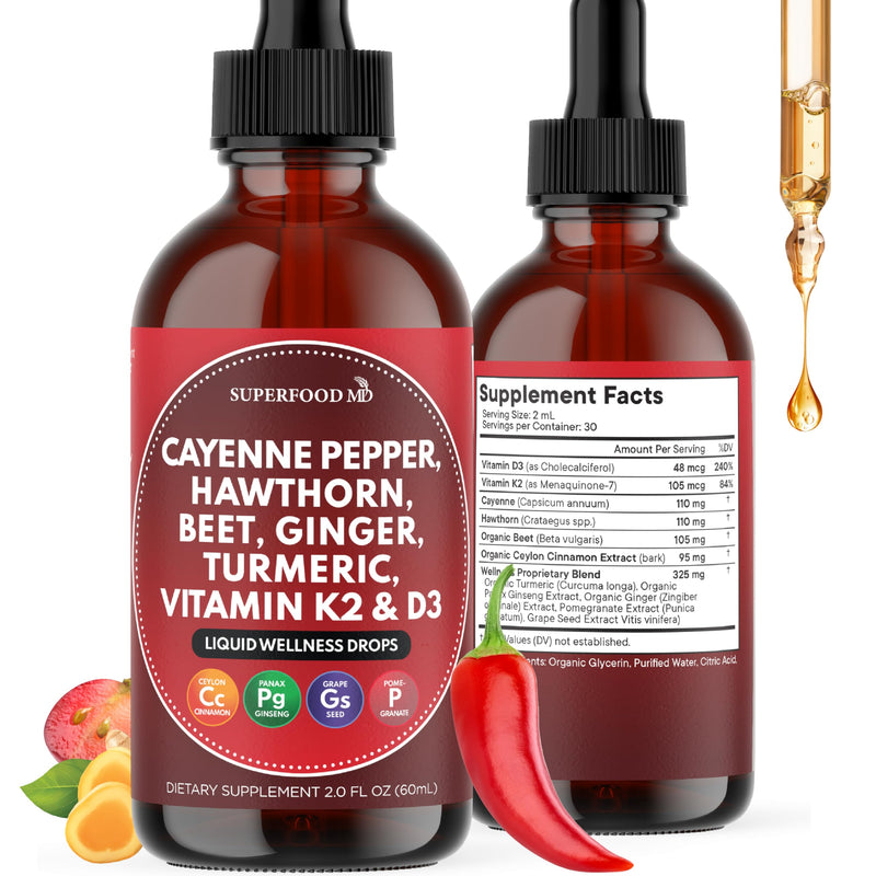 Cayenne Pepper Supplement Liquid Drops + Hawthorn Berry, Vitamin D3 K2 Beet Root Powder, Ceylon Cinnamon, Turmeric Curcumin, Organic Panax Ginseng - 2 OZ 2 Fl Oz (Pack of 1)