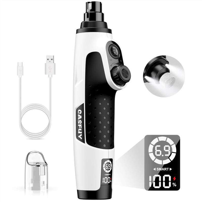Casfuy Smart 6-Speed Dog Nail Grinder - 50% More Power Pet Nail Grinder with 2 LED Lights Quiet Rechargeable Electric Dog Nail Trimmers File Toenail Grinder for Large Medium Small Dogs & Cats (White) White - BeesActive Australia