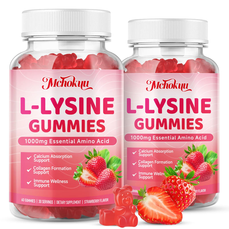 L-Lysine 1000mg Gummies, Chewable Lysine Supplement for Adults & Kids Immune Support, Essential Amino Acid, Vegetarian, Non-GMO, Sugar-Free, Gluten Free, Strawberry Flavor, 120 Counts 60 Count (Pack of 2)