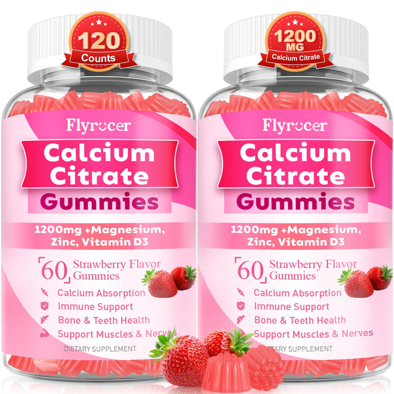 Chewable Calcium Citrate Gummies Calcium Supplement for Women & Men | For Bone, Muscle, Teeth, Immune Support, High Absorption Calcium, Sugar Free, Strawberry Flavor, 120 Count 60 Count (Pack of 2)