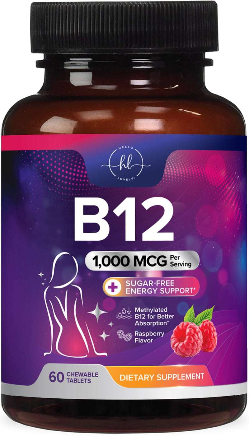 Vitamin B12 1000 mcg per Serving Chewables - B12 Complex with Heart & Nerve Energy Health Support - Vitamin B-12 Complex with Immune Health Support - Fast Dissolve, Bottled in USA - 60 Chewables 60 Count (Pack of 1)