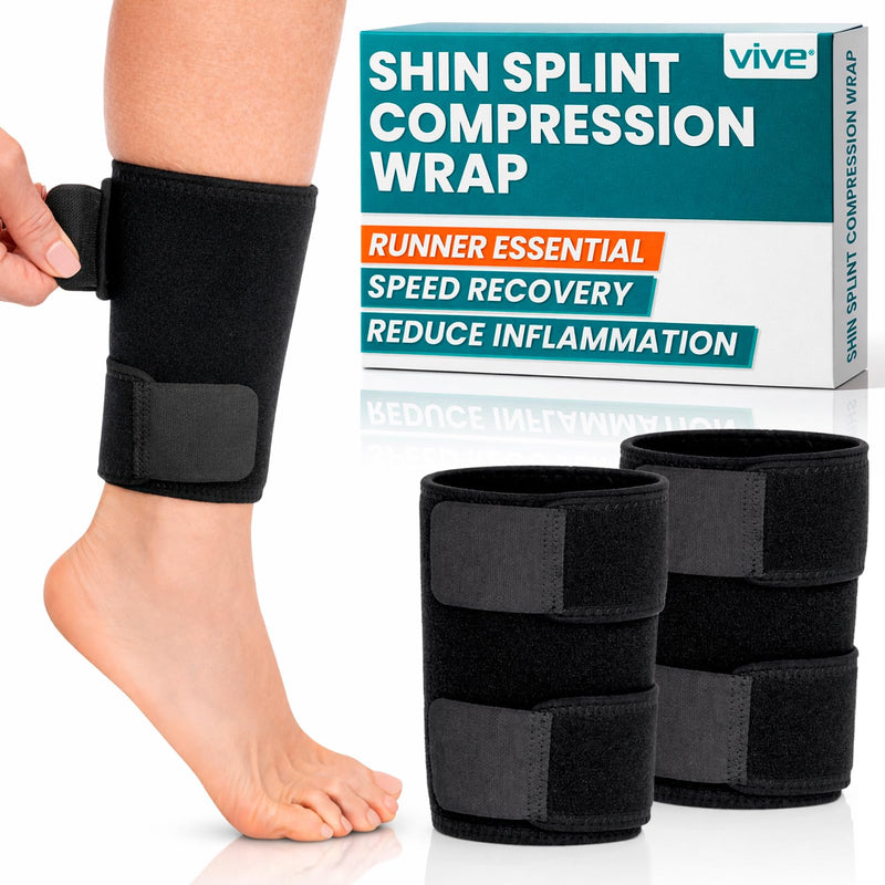 Vive Shin Splint Compression Wrap (Pair) - Adjustable Brace for Pain Relief, Support and Recovery - Lower Calf Compression Sleeve - for Medial Tibial Stress Syndrome and Anterior Shin Splints (Black) Black