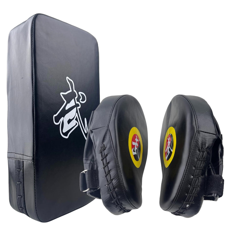 TLBTEK Taekwondo Kick Shield - Muay Thai MMA Karate Kickboxing Training Pads - Curved Leather Strike Shield Black 2 punching mitts+1 kick pad