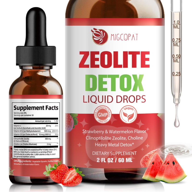 Migcopat Zeolite Detox Liquid Drops with B12, D3 & Vitamin C, 60ml | Pure Body Cleanse Support for Heavy Metals, Natural Zeolite Formula, Strawberry Watermelon Flavor 2 Fl Oz (Pack of 1)