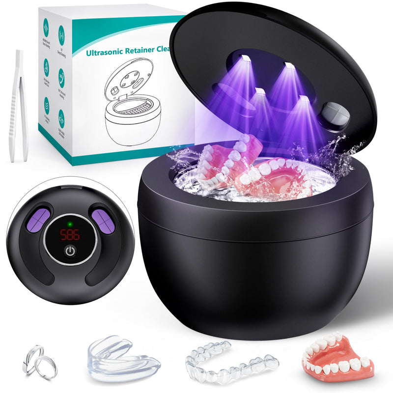Upgraded Ultrasonic Retainer Cleaner Machine, 45kHz Ultrasonic Dentures Cleaner for Night Guards, Braces, Aligner, Toothbrush, Jewelry and More, 200ML Capacity, Black1 Black