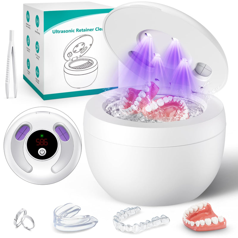 Upgraded Ultrasonic Retainer Cleaner Machine, 45kHz Ultrasonic Dentures Cleaner for Night Guards, Braces, Aligner, Toothbrush, Jewelry and More, 200ML Capacity, White A-White