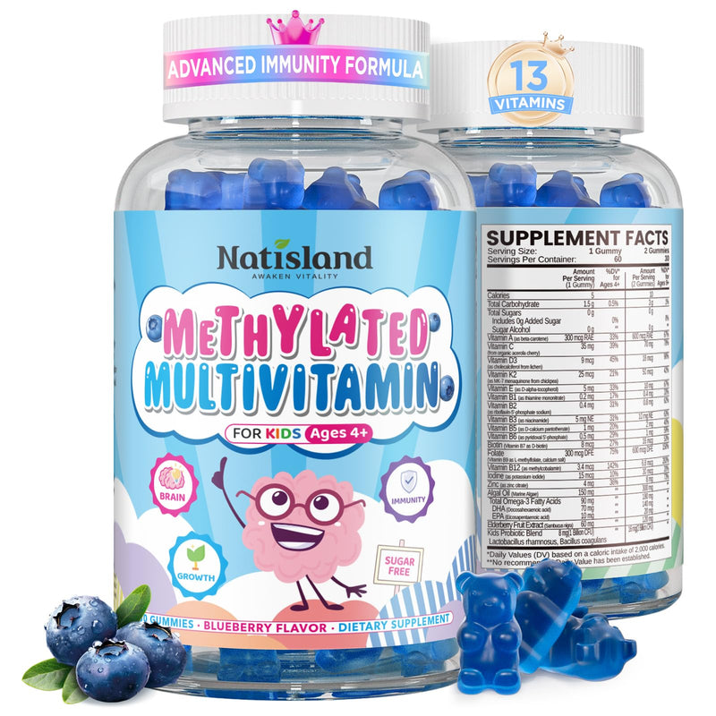 Kids Methylated Multivitamin - MTHFR Multivitamin for Kids & Teens 4+, L Methylfolate & B12, 13 Vitamins, Vegan Omega-3, Zinc, Probiotics & Elderberry, Immune Support, Brain Health, Sugar-Free 1 Pack