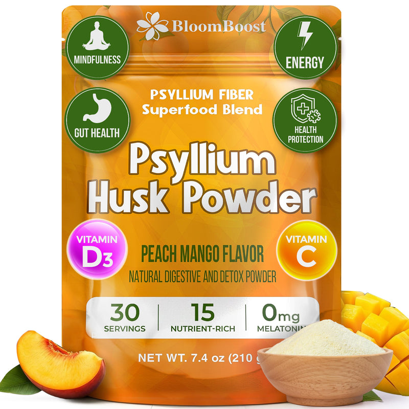 Psyllium Husk Powder Tropical Flavored Digestive Support 7.4 Oz | 5000mg fiber blend with Vitamin C, D3, Iron, Magnesium & Bromelain. Vegan, sugar-free, gluten-free.