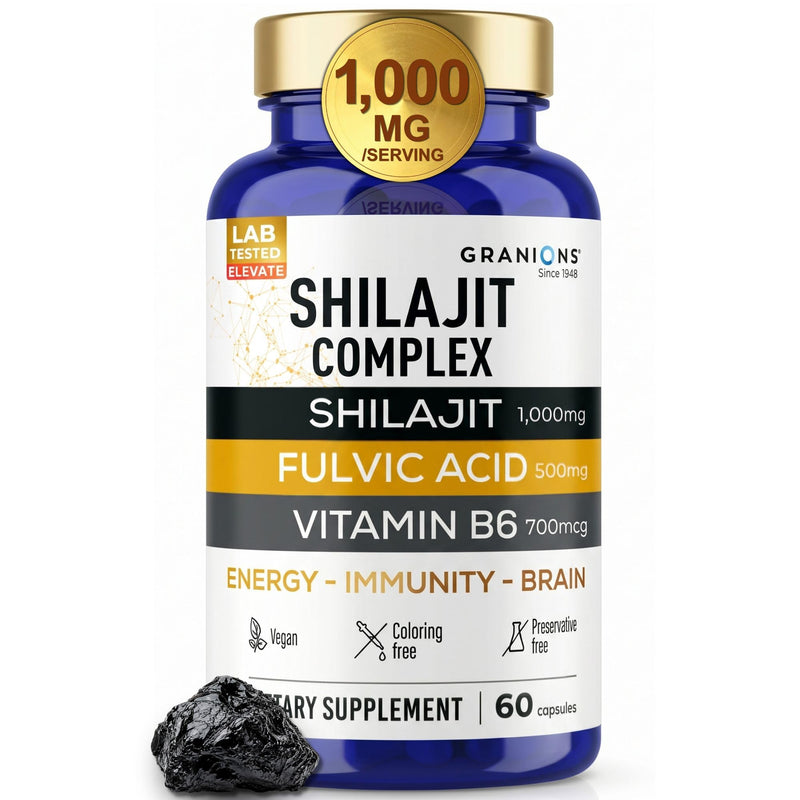Granions Pure Shilajit for Men Capsules - Fulvic Acid Supplement, 1,000mg Himalayan Shilajit with Vitamin B6 - Ultra Energy, Vitality & Brain Support for Men and Women Supplements - 60 Capsules Shilajit (60 capsules)