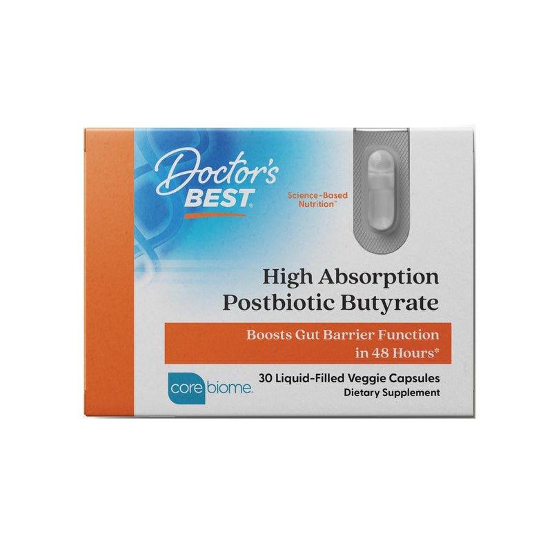 Doctor's Best High Absorption Postbiotic Butyrate Gut Health Supplement - Tributyrin 90% (as CoreBiome) 300 mg, Digestive Health Support for Men & Women, Vegan, Gluten Free - 30 Liquid Veggie Caps