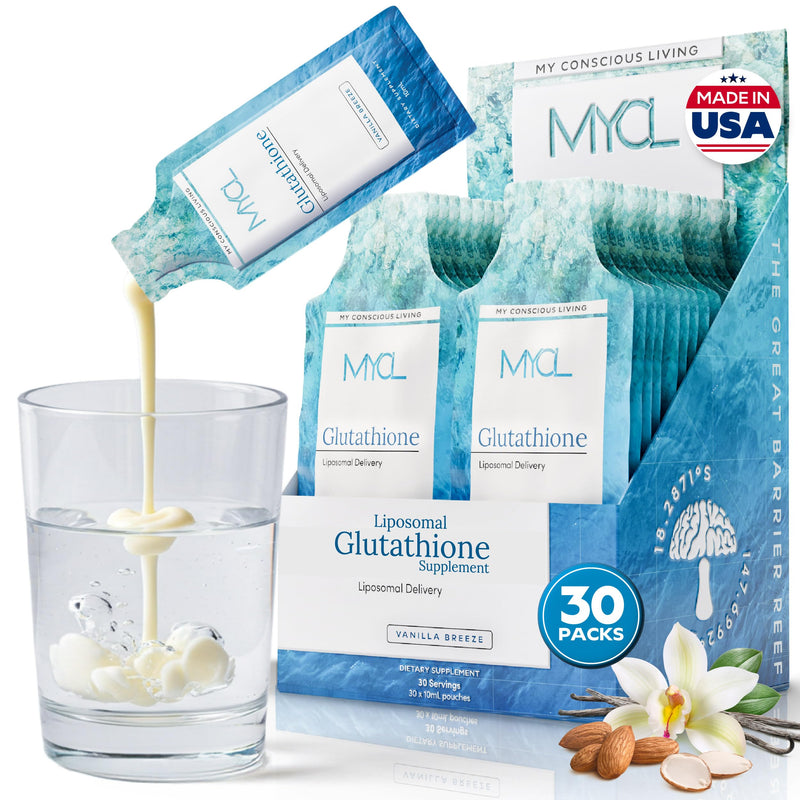 MYCL Liposomal Glutathione Supplement Squeeze Packs – Vitamin E and MCT Oil – Skin, Hair and Nail Health– High Absorption - Vanilla Almond – 30 Single-Serve Packets