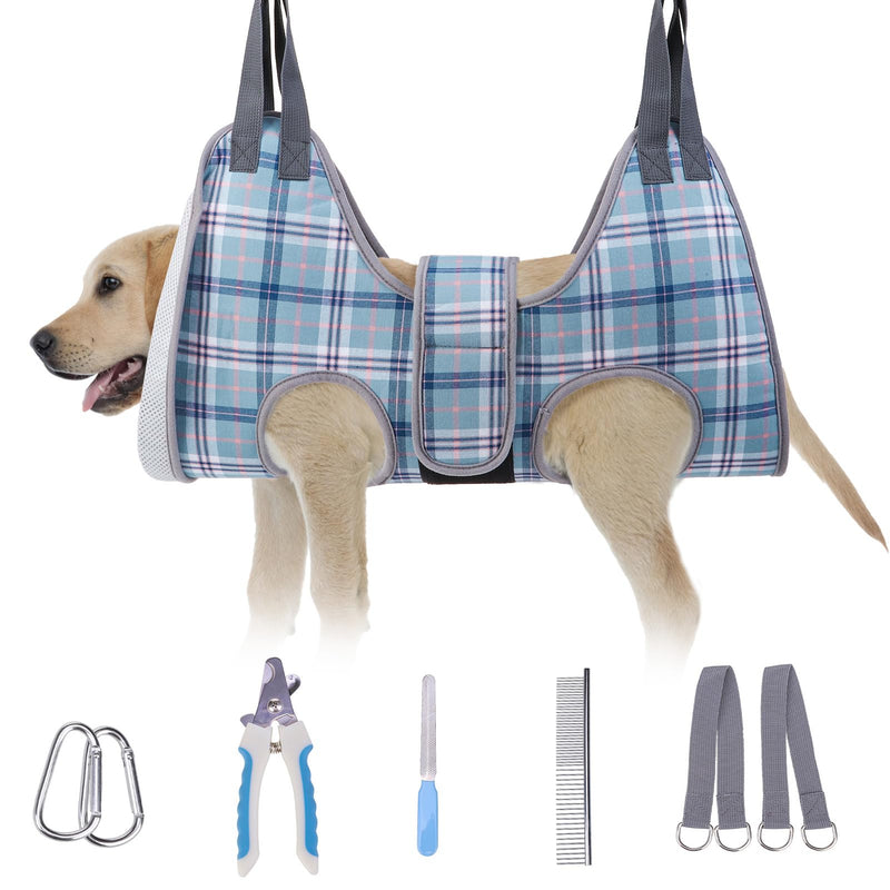 BEAUTYZOO Dog Grooming Hammock, Medium Dog Sling for Nail Trimming, Dog Hanging Harness for Claw Care with Thick Fabric Neck Support Wide Strap Restraint Cat Grooming Hammock, Blue L L (Leg Spacing: 10.6-15" / Max W: 60lbs)