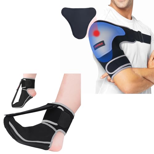 Adjustable Shoulder Brace with Removable Gel Ice Pack + Plantar Fasciitis Night Splint Sock, Adjustable Plantar Fasciitis Brace
