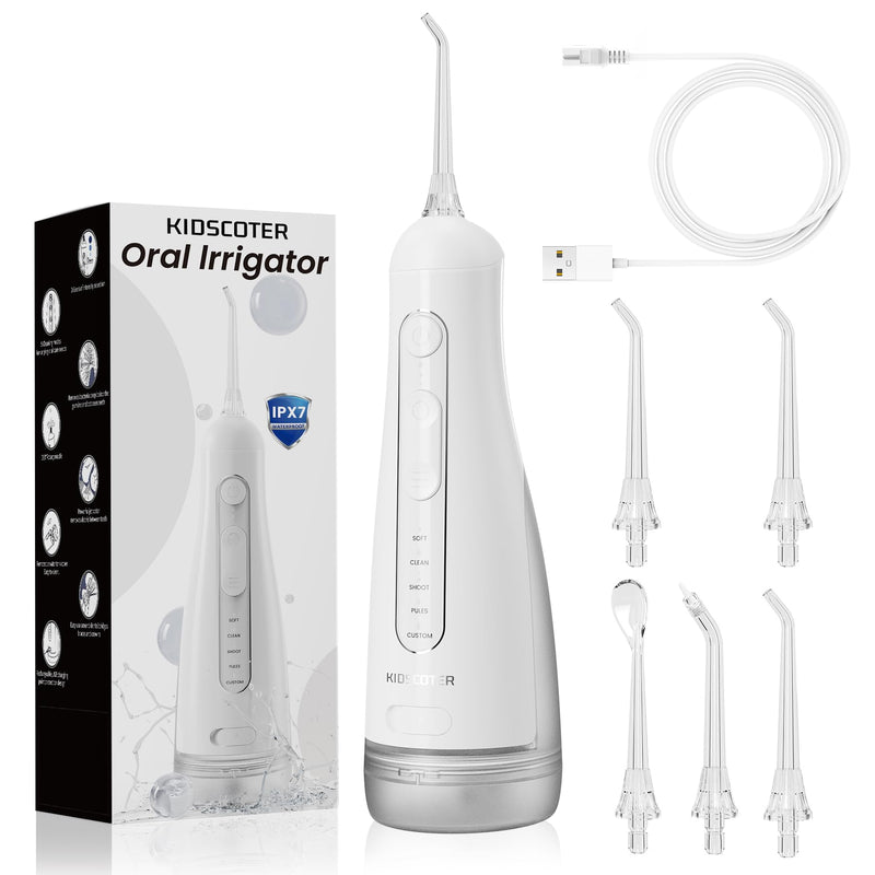 Water Flosser for Teeth with Detachable Washable Tank, 5 Modes Rechargeable Cordless Oral Irrigator, 300ml Portable Dental Flosser, IPX7 Waterproof for Home & Travel, White White 300ml