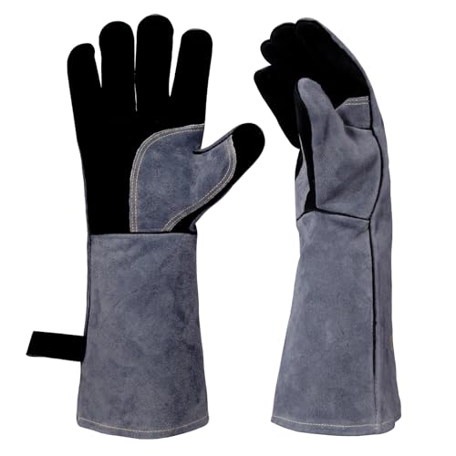 16" Leather Forge Welding Gloves, 932℉ Heat/Fire Resistant, Multi-Use Mitts for TIG/MIG Welding, BBQ, Oven, Baking, Furnace, Beekeeping, Animal Handling & Stove Safety，Ambidextrous Large Crey