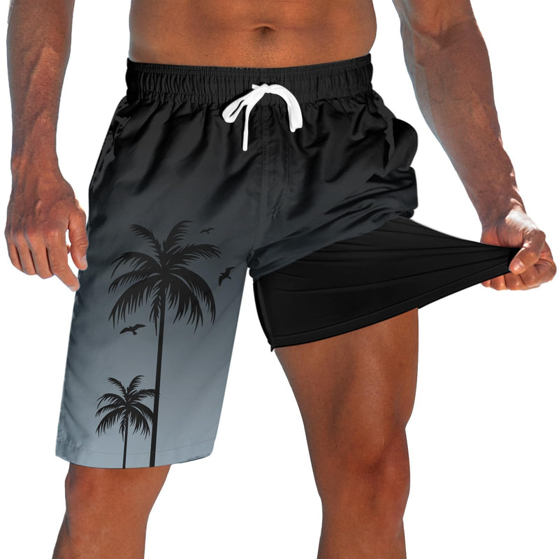 westwolf Men's Swim Trunks with Compression Liner 9" Quick Dry Board Shorts C Black White Medium