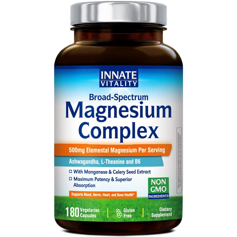 Innate Vitality Magnesium Supplement, 7-in-1 Magnesium Capsules with Vitamin B6, Ashwagandha, L-Theanine & Celery, Citrate and Glycinate, High Absorption, Vegan, Non-GMO (180 Count) 180 Count (Pack of 1)