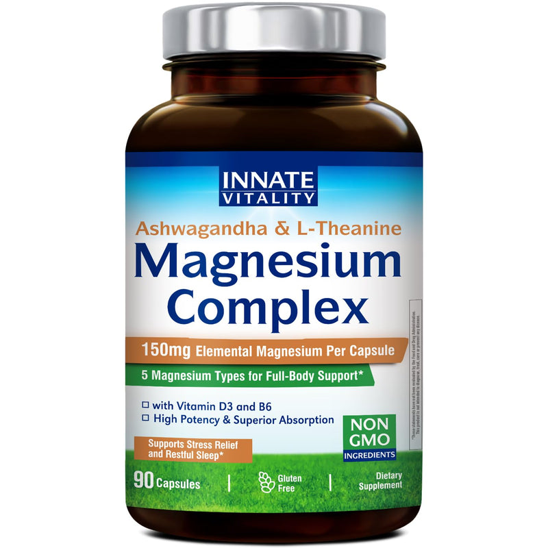 Innate Vitality Magnesium Complex, Magnesium Glycinate Citrate Malate Taurate with Ashwagandha L-Theanine Vitamin D3 & B6, High Absorption, Full Spectrum, Bones Stress Sleep Support, 90 caps