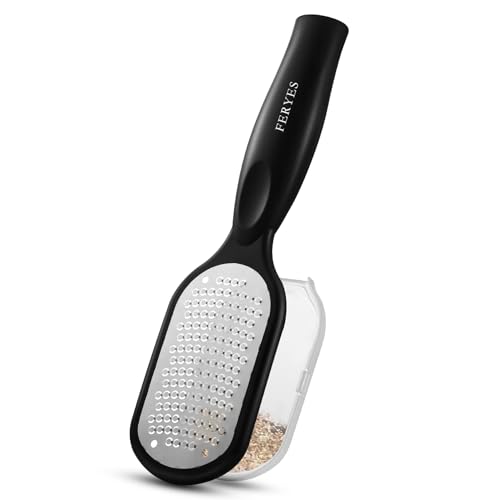 FERYES Foot File Callus Remover with Dead Skin Catcher – The Genius Foot Scrubber for Mess-Free Pedicures, Heel Scraper for Cracked Heel Treatment, Wet & Dry Use Feet Rasp - Black Stainless Steels with Catcher