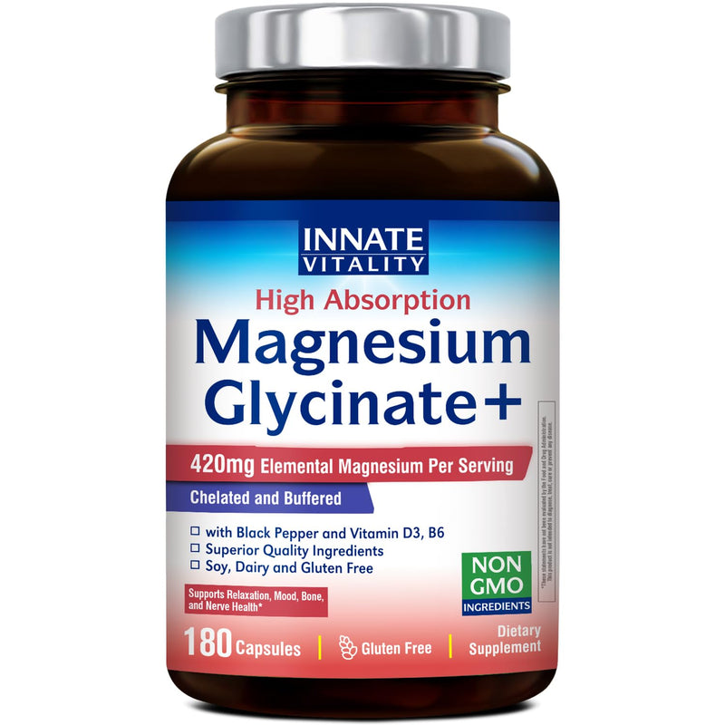 Innate Vitality Magnesium Glycinate Complex, 420mg Elemental Magnesium Per Serving, Enhanced Absorption, Black Pepper, Vitamin D3 & B6, Sleep Mood Bone Nerve Support, 180 Caps