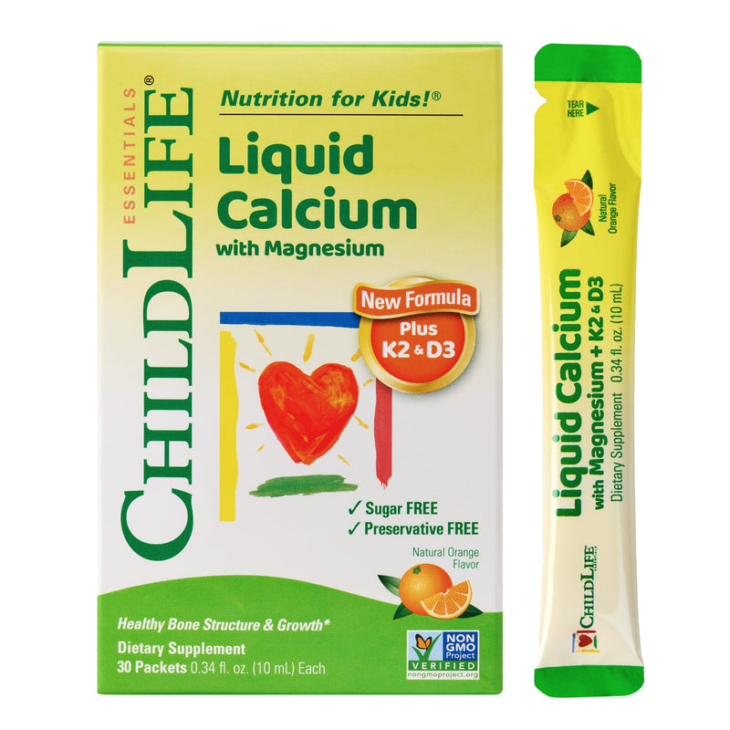 ChildLife Essentials Liquid Calcium for Kids, 0.34 fl Oz (30 Stick Packs) | Single Serve, Baby Calcium, Magnesium, Vitamin D 3, K 2, Zinc, Bone Support & Nutrition, Orange Flavor Supplement