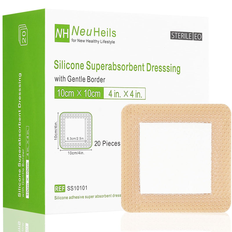 NeuHeils Silicone Super Absorbent Wound Dressing 4''x4'' 20 Packs, Self-Adhesive Waterproof Bandage with Ultrasorb Pad for Heavy Exudates Wound, Soft Gauze Island Dressing 4''x4'' (20 Packs) - BeesActive Australia
