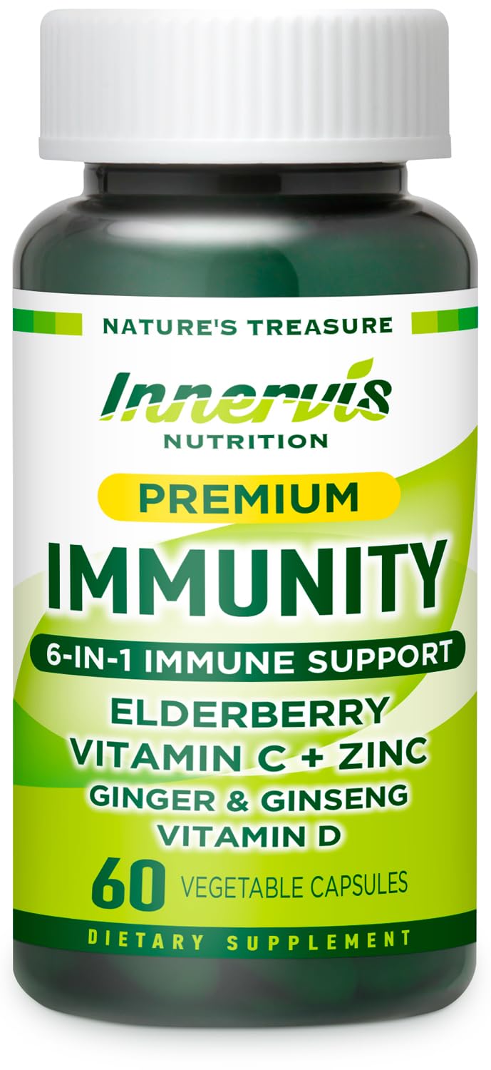 Immune Support 6-in-1 – Elderberry, Ginger, Korean Ginseng, Vitamin C 500mg, D3 2500IU, Zinc | Vegan Capsules – 1 Month Supply | Innervis Nutrition